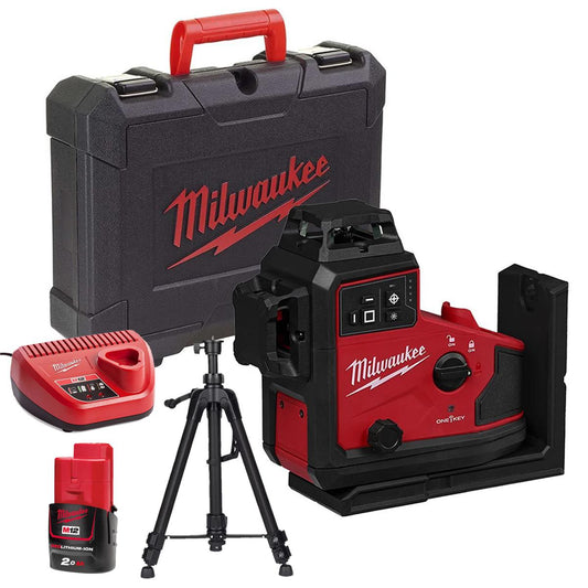 Milwaukee M12A3PLO-0C 12V M12 Green Auto Alignment 360° 3 Plane Laser with 1 x 2.0Ah Battery Charger Case & Laser Tripod