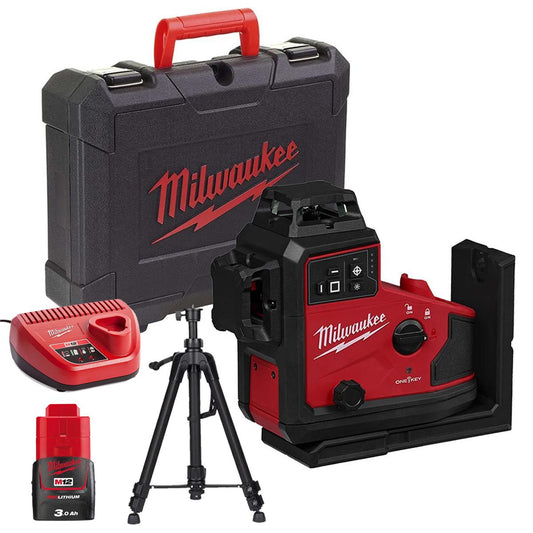 Milwaukee M12A3PLO-0C 12V M12 Green Auto Alignment 360° 3 Plane Laser with 1 x 3.0Ah Battery Charger Case & Laser Tripod